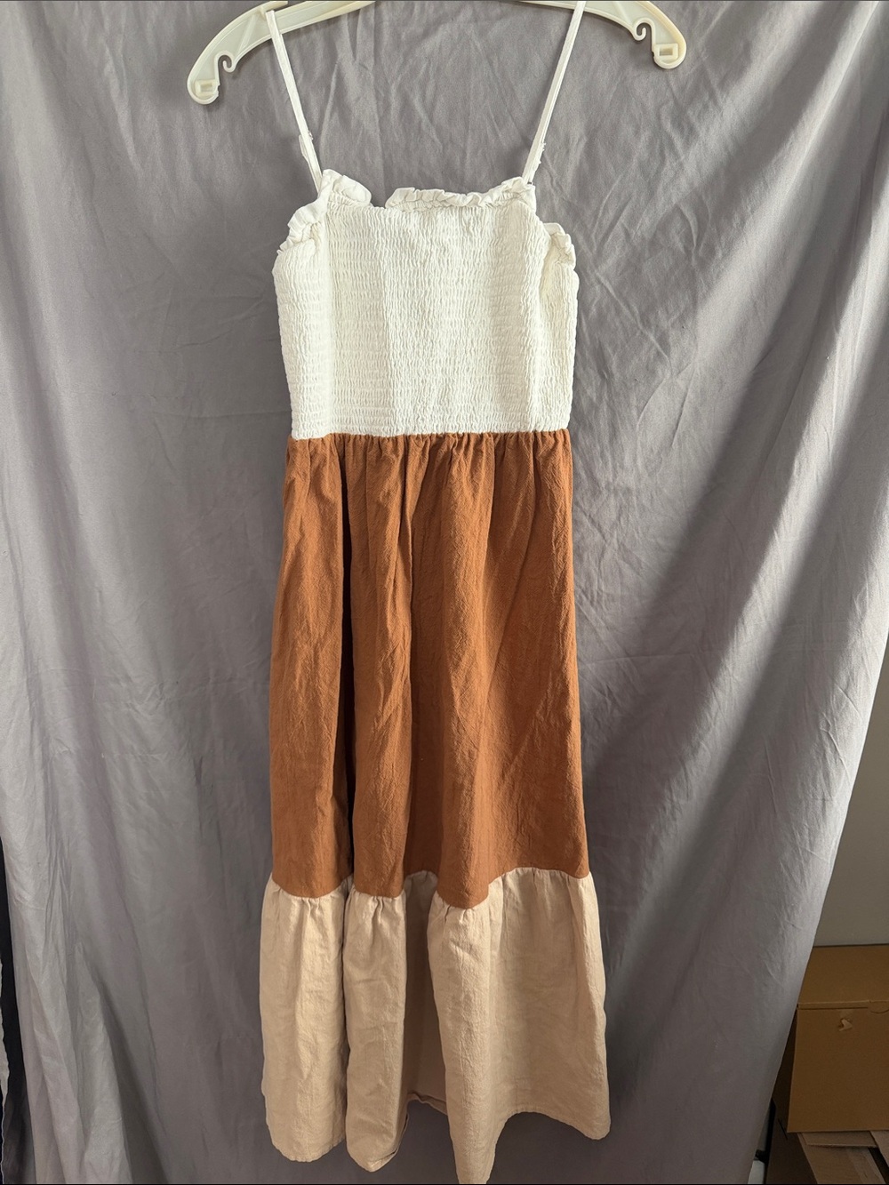 SHEIN White, Brown & Cream Colorblock Tiered Maxi Dress